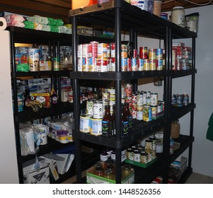 Cuyahoga Falls, OH/USA - 07 11 2019: Food Pantry Prepper Basement Shelves