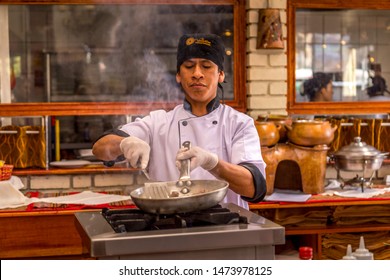 Cuzco, Peru - May 3, 2019. A Peruvian Chef Demostrate Cooking In Cuzco Peru