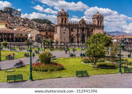 Cuzco, Peru: Panoramic view of the  Main square an the cathedral church.