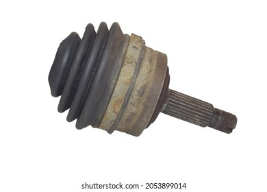 CV Joint, Worn Out, Protective Rubber Cover, Compressed By Metal Bend, Ribbed Metal Axle Shaft, Isolated On White Background