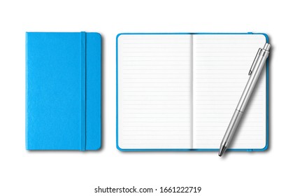 Cyan blue closed and open lined notebooks with a pen isolated on white