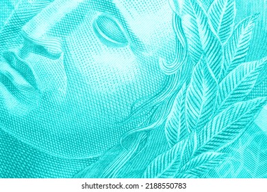 Cyan Brazilian Money Bill Showing A Beautiful Drawing Of A Face With Crosshatch Texture. This Picture Works As A Design Template, Background Or Wallpaper.