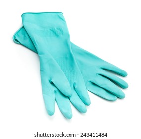 Cyan Rubber Gloves Isolated On White Background