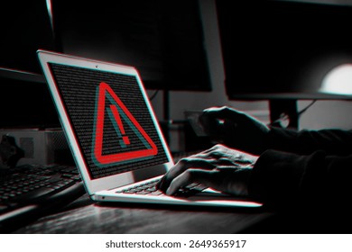 Cyber attack alert notification. Red warning sign and binary code on laptop screen. Hacker using computer, closeup - Powered by Shutterstock - Get 15% off with code: PIKWIZARD15