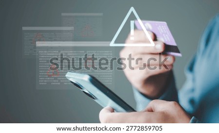 Cyber attack alerts, data breach risk, fraud detection and secure transaction protection in digital banking and e commerce system. Online payment security warning concept, smartphone and credit card