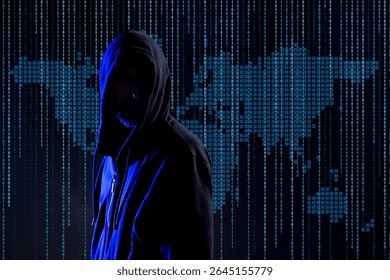 Cyber attack. Anonymous hacker against virtual world map and binary code