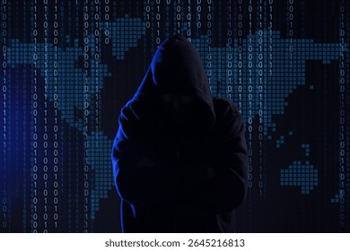 Cyber attack. Anonymous hacker against virtual world map and binary code