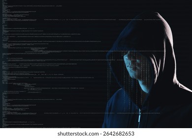 Cyber attack. Anonymous hacker and digital code on virtual screen against black background