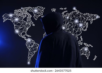 Cyber attack. Anonymous hacker in front of virtual screen with digital world map