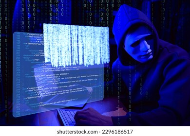 Cyber attack. Anonymous hacker in mask near computers in dark room. Binary code and virtual screen near him
