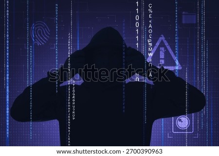 Cyber attack. Anonymous hacker in mask on dark blue background. Programming codes and different symbols