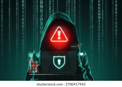 Cyber attack. Anonymous hacker with warning sign instead of face using virtual screen. Programming codes on dark green background