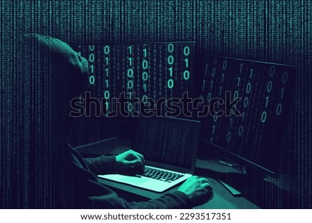 Cyber attack. Anonymous hacker working with computers on dark background. Different codes around him