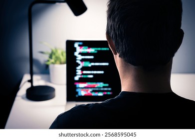Cyber attack by hacker. Ransomware software or malware. Data hack with computer. Developing code on screen. Cybersecurity fraud or cyberattack. Crime website. Cyber security. Programmer, web engineer.