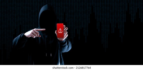 Cyber attack hacker smartphone. Internet web hack technology. Digital mobile phone in hacker man hand isolated on black. Data protection, secured internet access, cybersecurity banner