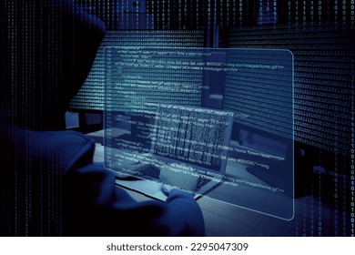 Cyber attack. Hacker working with computers and breaking system to steal information in dark room. Binary code and virtual screen near him