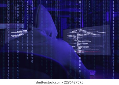 Cyber attack. Hacker working with computers and breaking system to steal information in dark room. Binary code around him