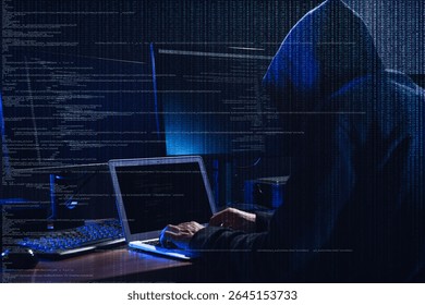 Cyber attack. Hacker working on computers in dark room. Digital code around him