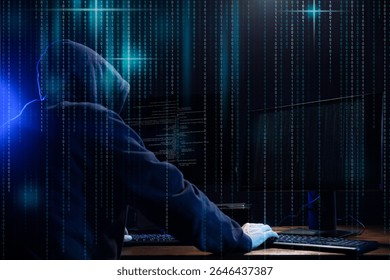 Cyber attack. Hacker working on computers in dark room. Binary code around him