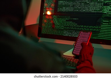 Cyber attack. Hackers breaking security. Anonymous people access secret data. Cyber war. Anonymous people using computer and programming to break code. Access to private data. Cyber security threat