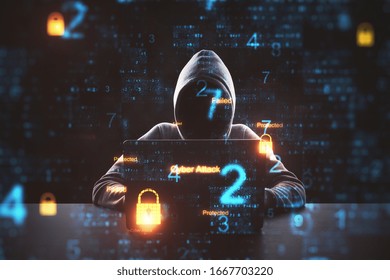 Cyber attack in process with hacker using laptop. Computer and digital security icons in cells. Hacking and malware concept.