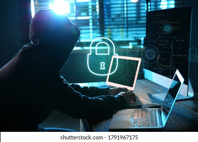 Cyber attack protection. Hacker with computers in room. Lock illustration