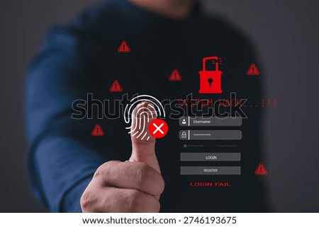 Cyber attack and system hack concept with failed biometric fingerprint login and warning icons. Representing hacking attempt, login failure, data breach risk, identity theft, digital security threat.