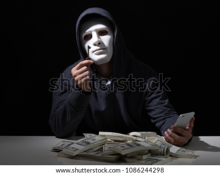 Cyber attack with unrecognizable hooded hacker.Hacker steal money in the office.