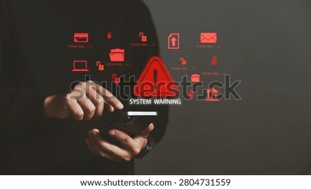 Cyber attack warning and system security breach concept with hacker accessing mobile device, malware threat detection, ransomware risk, data breach alert, network protection and cybersecurity defense.