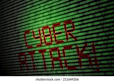 Cyber attack written on a computer screen with 1's and 0's.