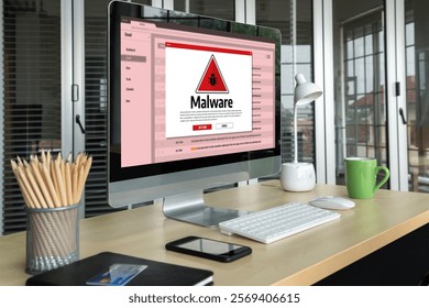 Cyber attacking concept. Malware alert showing on computer screen display scam and threat detection on computer system or online server to be removed snugly.