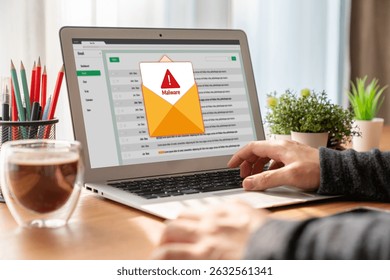 Cyber attacking concept. Malware alert showing on computer screen display scam and threat detection on computer system or online server to be removed snugly.