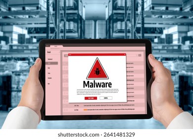 Cyber attacking concept. Malware alert showing on computer screen display scam and threat detection on computer system or online server to be removed snugly.