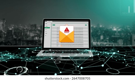 Cyber attacking concept. Malware alert showing on computer screen display scam and threat detection on computer system or online server to be removed snugly.
