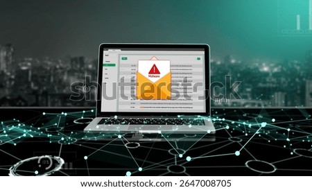 Cyber attacking concept. Malware alert showing on computer screen display scam and threat detection on computer system or online server to be removed snugly.