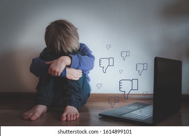 Cyber Bullying Concept - Depressed Boy With Notepad And Negative Comments, Toned