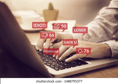 cyber bullying concept. people using notebook computer laptop for social media interactions with notification icons of hate speech and mean comment in social network - Shutterstock ID 1488795377
