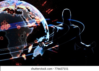 Cyber Communication And Artificial Intelligence (ai) Disruptive Everything Technology Concept. 3d Rendering Of Robot And Futuristic World Connect.