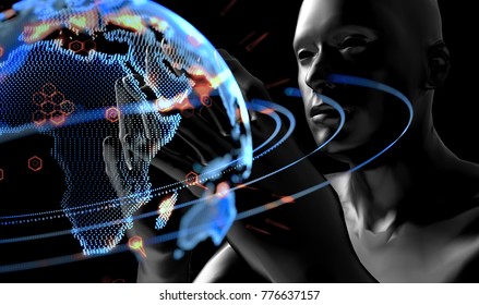 Cyber Communication And Artificial Intelligence (ai) Disruptive Everything Technology Concept. 3d Rendering Of Robot And Futuristic World Connect.