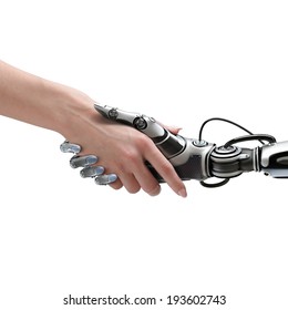 Cyber communication design concept. Female robot and human holding hands with handshake.