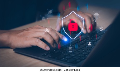 Cyber ​​security concept, data protection with technology secure online access on internet network, user showing data privacy protection With red padlock icon on virtual screen.