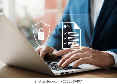 Cyber ​​security concept, privacy to protect data, lock icon and internet network security technology on laptop and virtual interface. - Shutterstock ID 2258589497