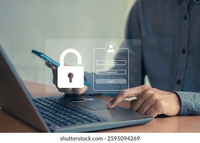 Cyber ​​security concept, user authentication system with name and password cyber security concept local network security technology Businessman protects personal information