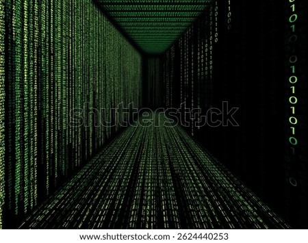 Cyber corridor. Glowing digital code forming walls, floor and ceiling