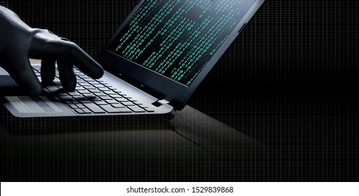 Cyber Crime concept. Hacker Hand in black Glove using Laptop to Hacking Computer Network system on the desk with Light grid striped in Dark room background 