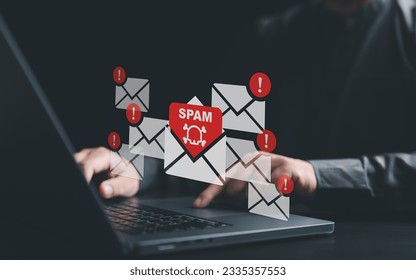 Cyber crime security concept. Hand using laptop show malware screen attach from email. Hack, steal password or personal data. Hacker, Virus, Worm, Trojan, Adware, Spyware, and Ransomware awareness.