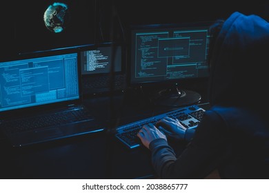 Cyber Criminal Hacking System At Monitors, Hacker Attack Web Servers In Dark Room At Computer With Monitors Sending Virus Using Email Vulneraility. Internet Crime, Hacking And Malware Concept. 