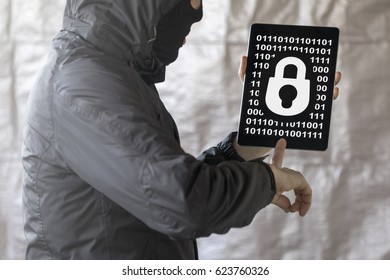 Cyber data binary security hacked concept. Russian Threat from Hackers. Safety digital network. Online web cloud safety technology. Hacker touched tablet computer with lock icon on virtual screen.