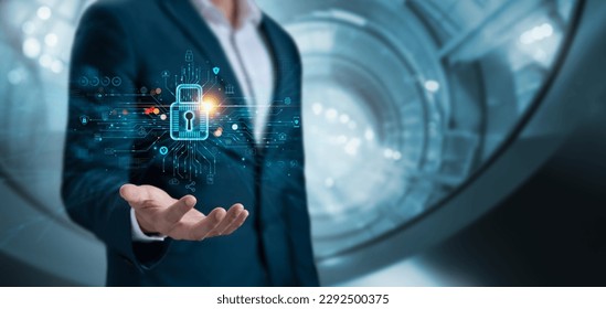 Cyber ​​security and data protection, businessman holding padlock Internet network security system, protecting business and financial transaction data from cyber-attacks, secure data encryption.