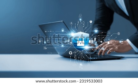 Cyber ​​security and data protection, businessman using laptop Internet network security system, protecting business and financial transaction data from cyber-attacks, secure data encryption.